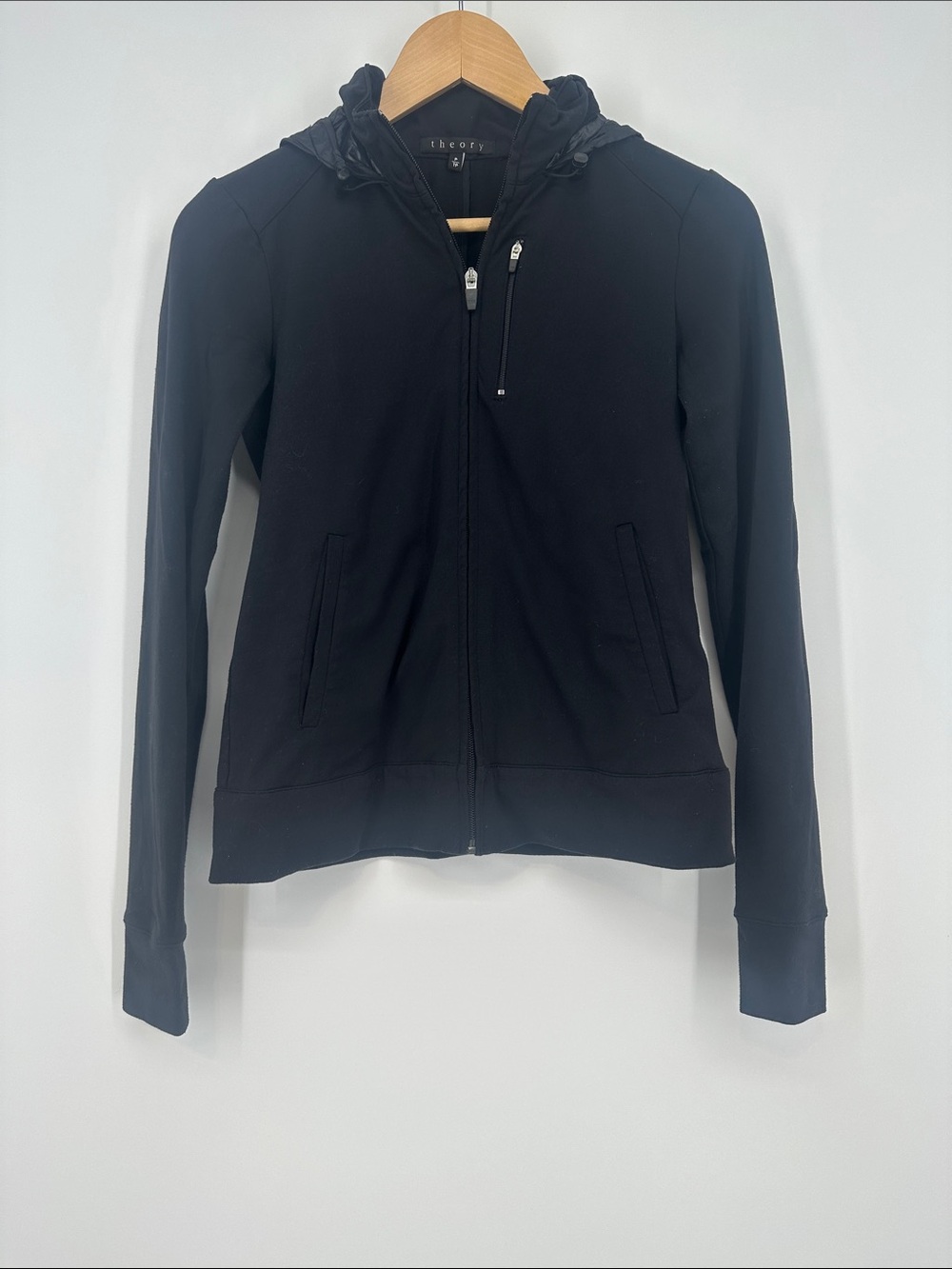 Theory Black Nylon Hoodie with Chest Zip - Size P (Size 0)